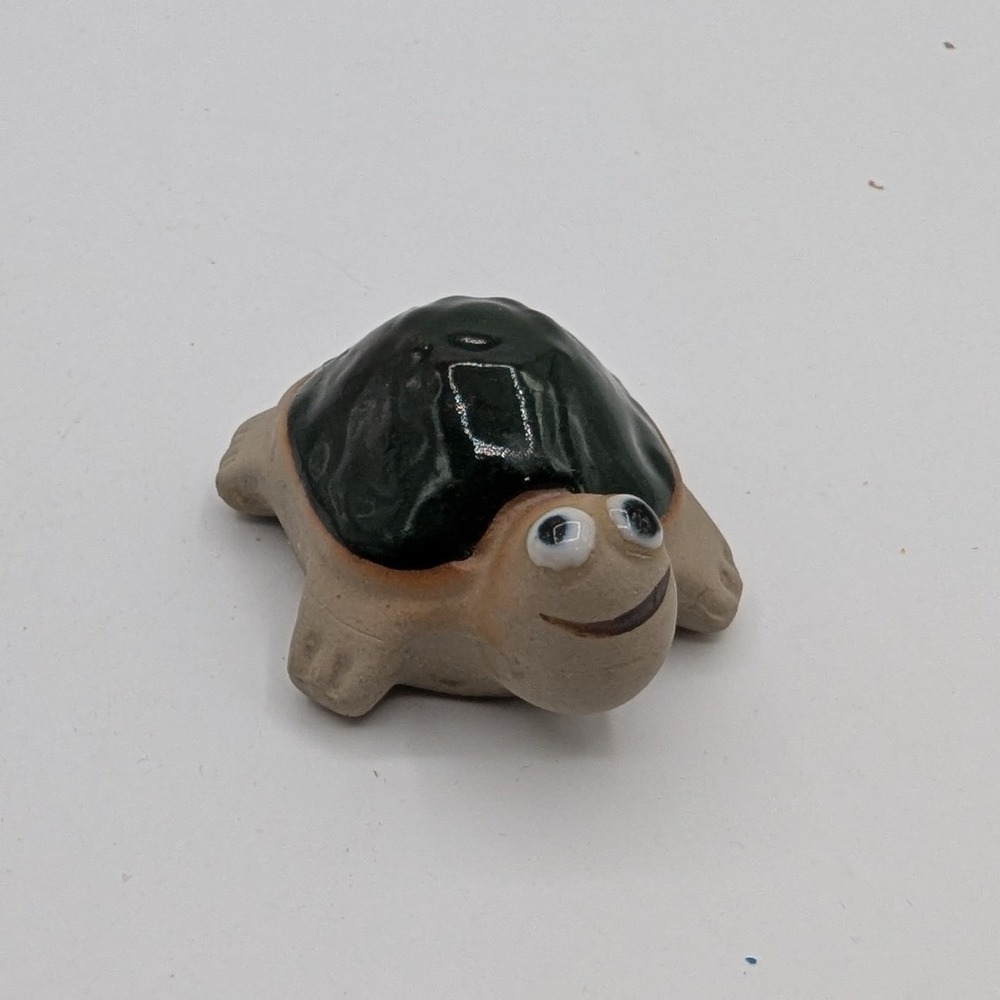Miniature Clay Turtle Figurine Glazed Green Shell Handmade Pottery Decor 2 Inch